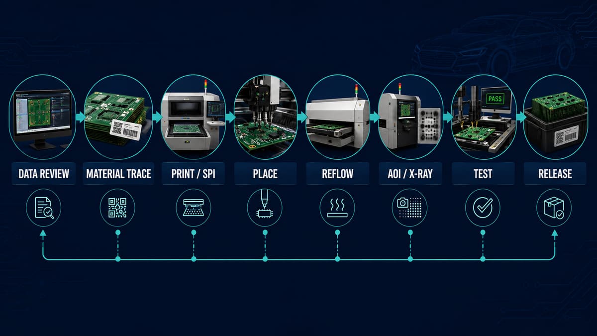 Automotive rigid PCB assembly from data review and material traceability through SMT inspection testing and release