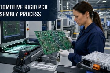 Quality engineer inspecting an automotive rigid PCB assembly beside an AOI and traceability station