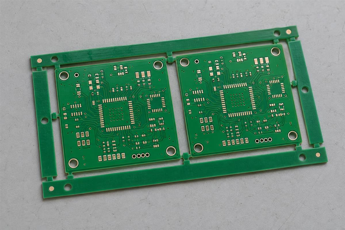 Bare PCB delivery panel with rails and retaining tabs, AI illustration