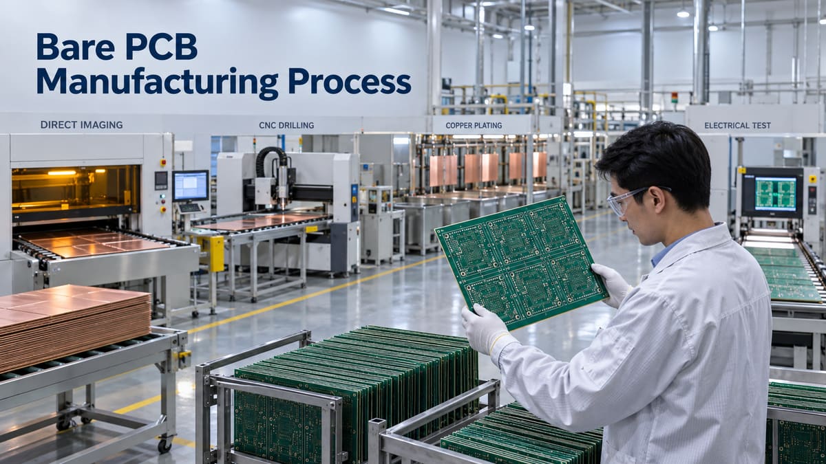 Bare PCB panels moving through imaging drilling plating and electrical test