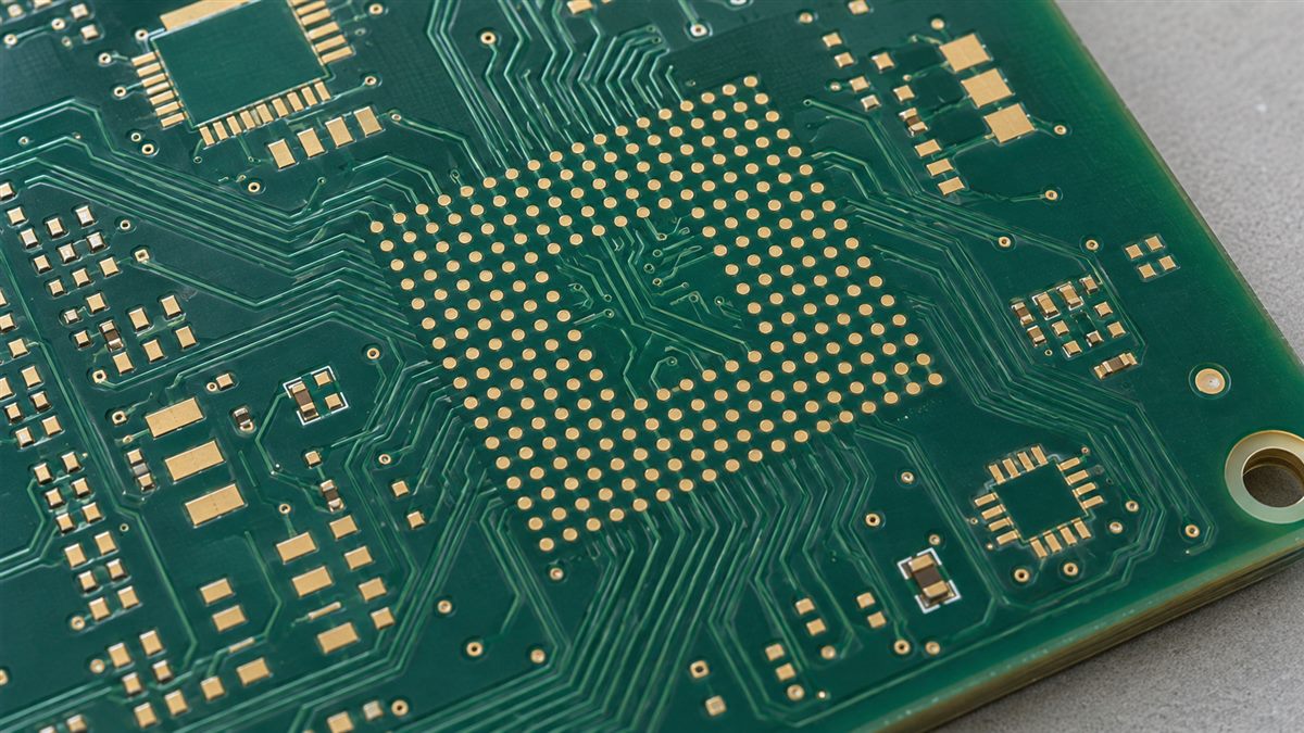 Illustrative high-density PCB with a dense array of gold component lands