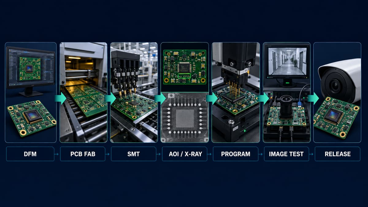 CCTV PCB manufacturing from DFM and fabrication through SMT programming image testing and release