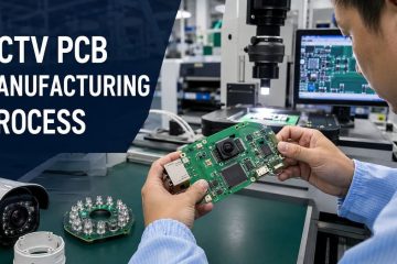 Engineer inspecting a CCTV camera PCB beside optical test equipment