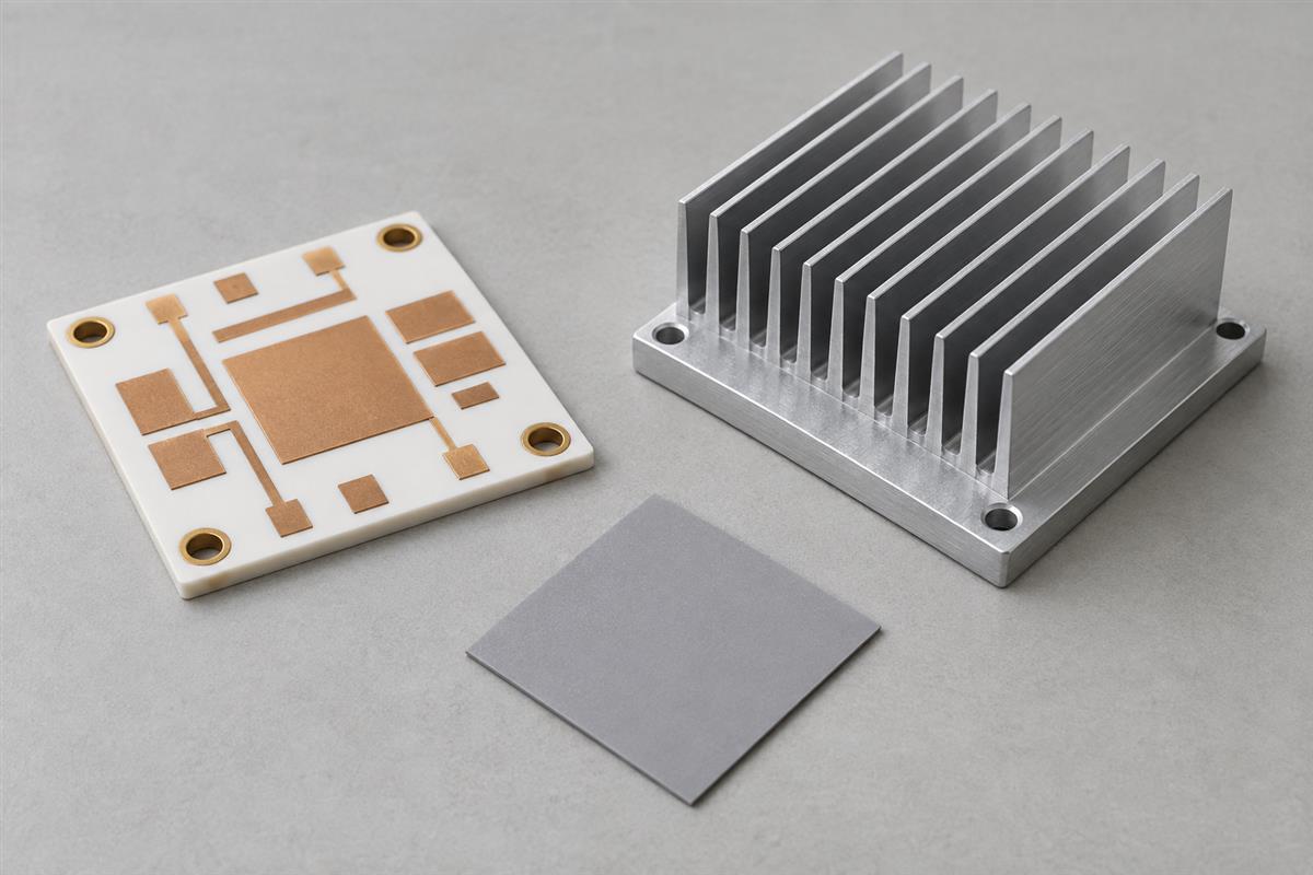 Ceramic board, interface pad and heat sink, AI illustration