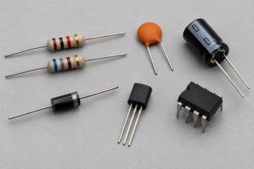 Physical resistor, capacitor, diode, transistor and IC forms, AI illustration