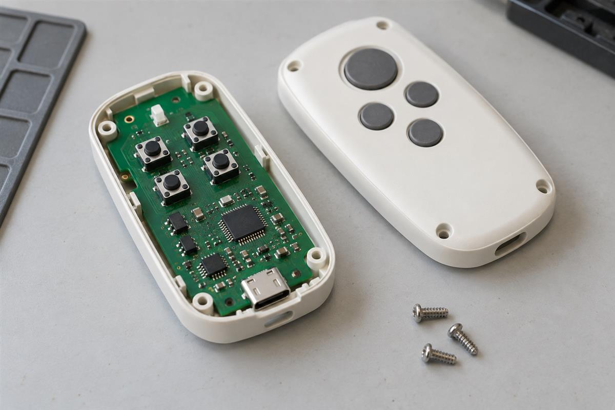 Illustrative consumer device PCB inside an open enclosure