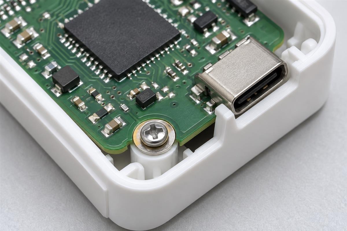 Illustrative PCB mounting screw and USB connector enclosure fit