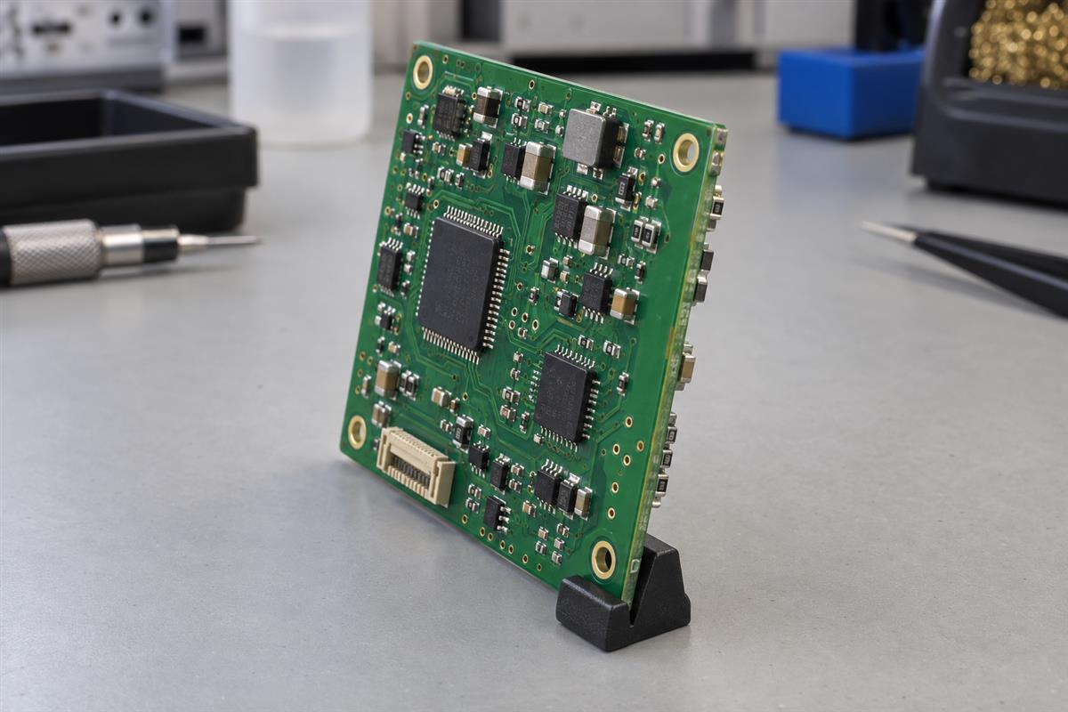 Illustrative populated PCB held at an angle with components visible on both faces