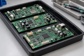 Populated circuit boards arranged in a protective tray, AI illustration