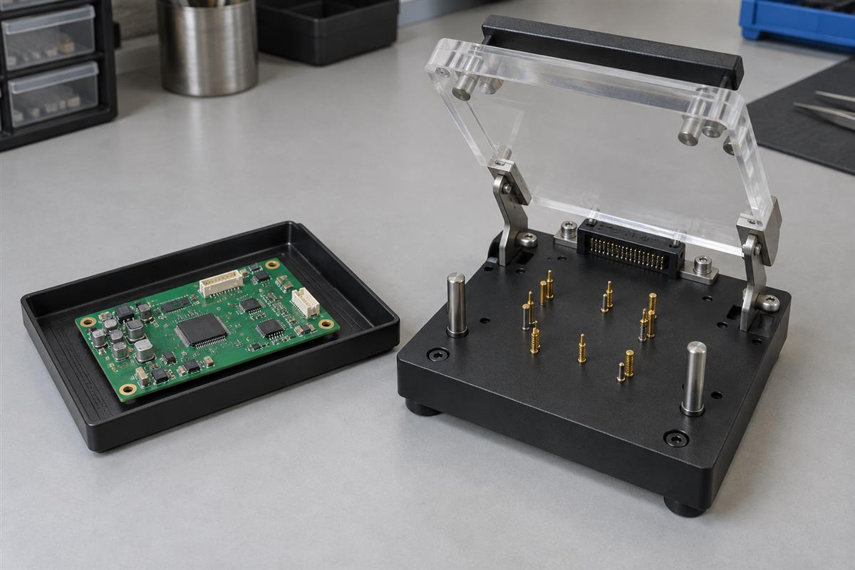 Assembled board beside separate test tooling, AI illustration