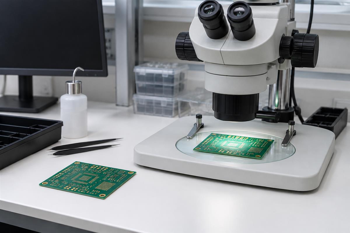 Illustrative PCB inspection bench with a microscope and a bare board
