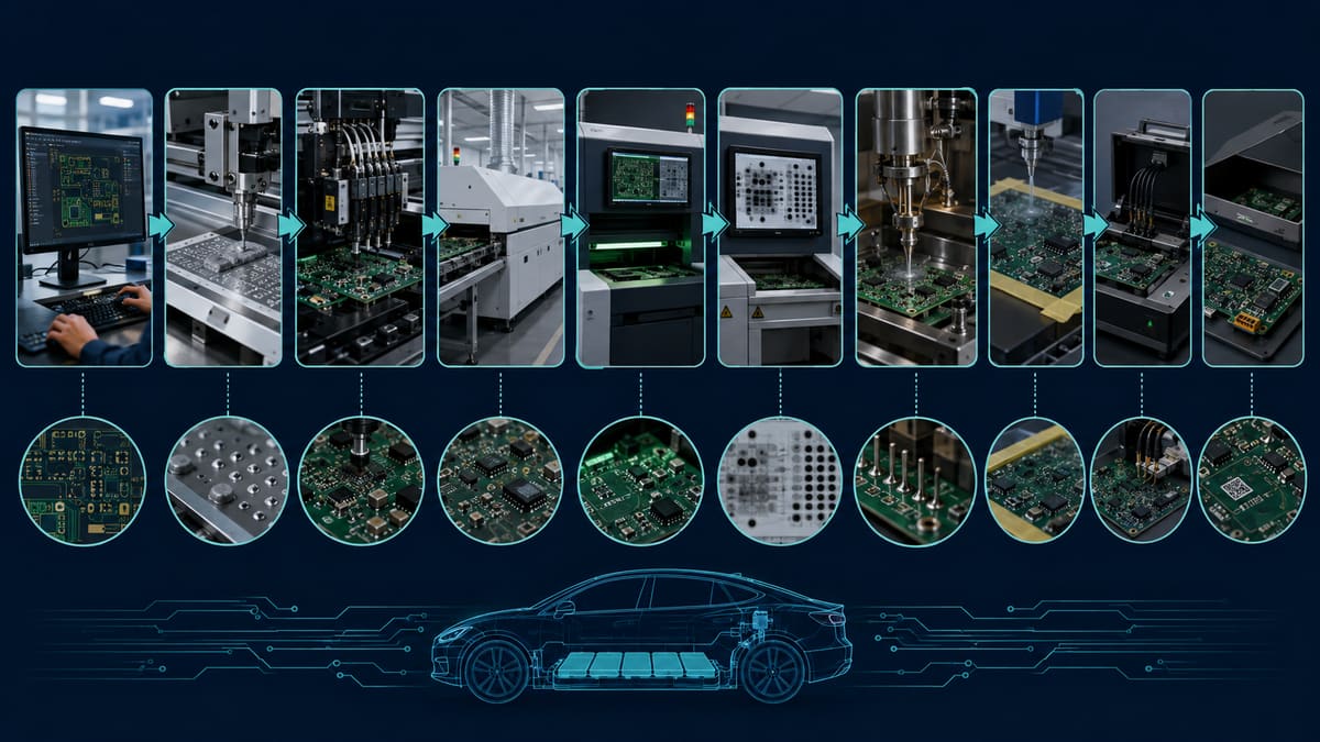 Electric vehicle PCB assembly flow from DFM and SMT through inspection programming and functional release