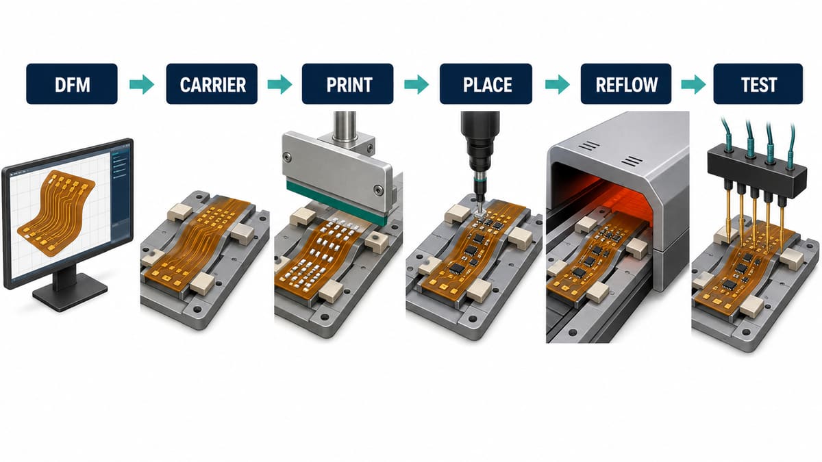 Flex PCB assembly process from DFM and carrier setup through printing placement reflow inspection and testing