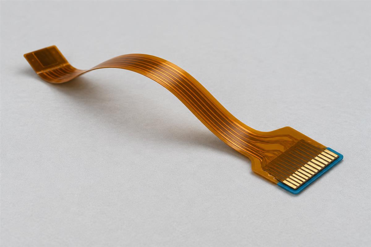 Amber flexible PCB with a gentle curve, AI illustration