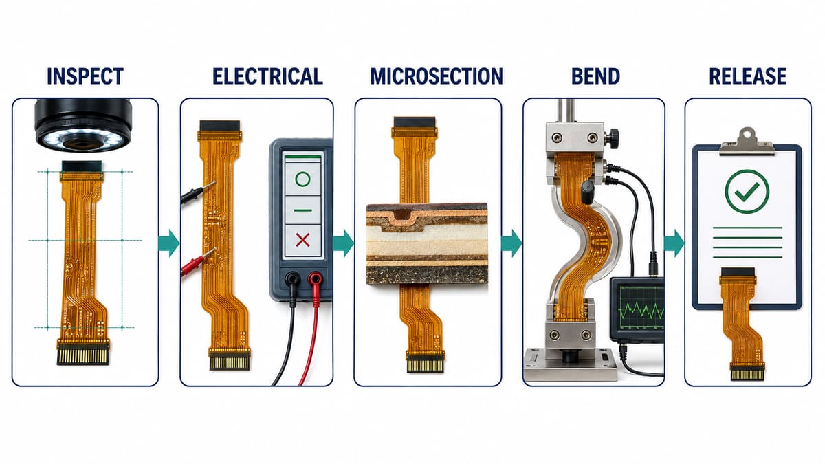 Flexible PCB testing process from visual inspection and electrical test through construction review bend testing and release