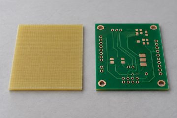 Glass epoxy substrate sample beside a bare PCB, AI illustration