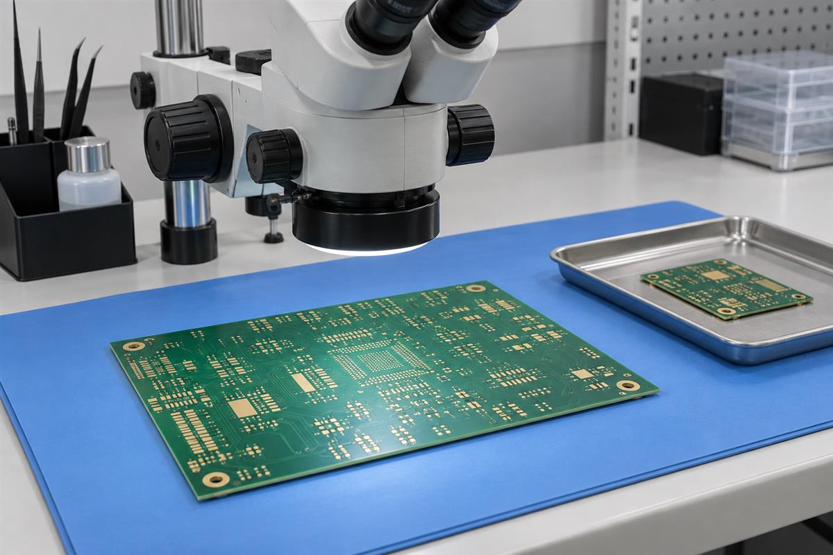 Bare PCB under an inspection microscope, AI illustration