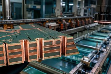 Heavy copper multilayer PCB cross-section on an automated inspection line