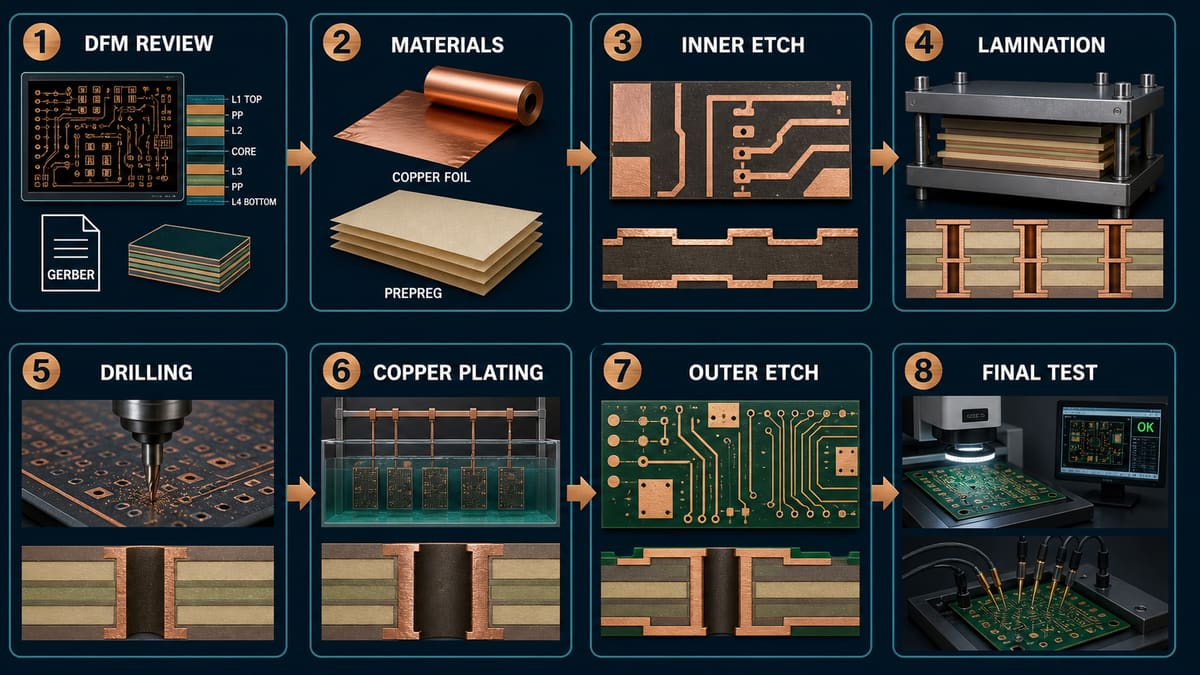 Heavy copper PCB manufacturing flow from DFM and layer preparation through plating, etching, lamination and testing