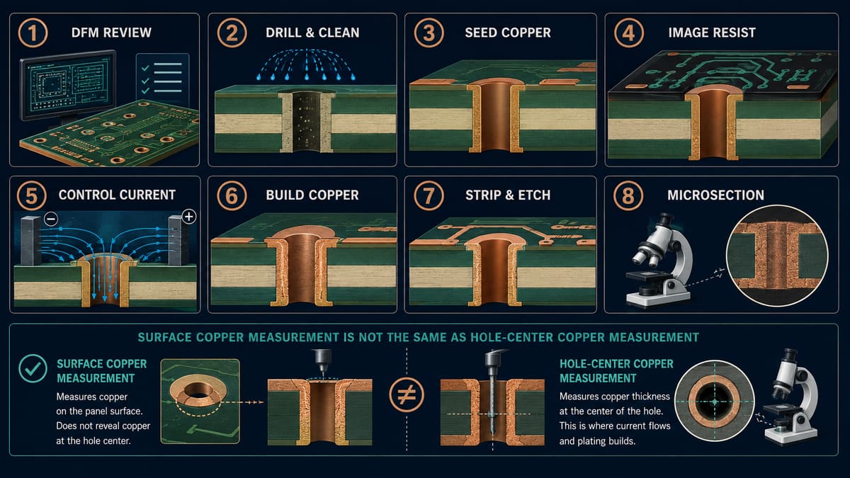 Heavy copper PCB plating process from DFM and hole preparation through seed copper, pattern plating and microsection inspection