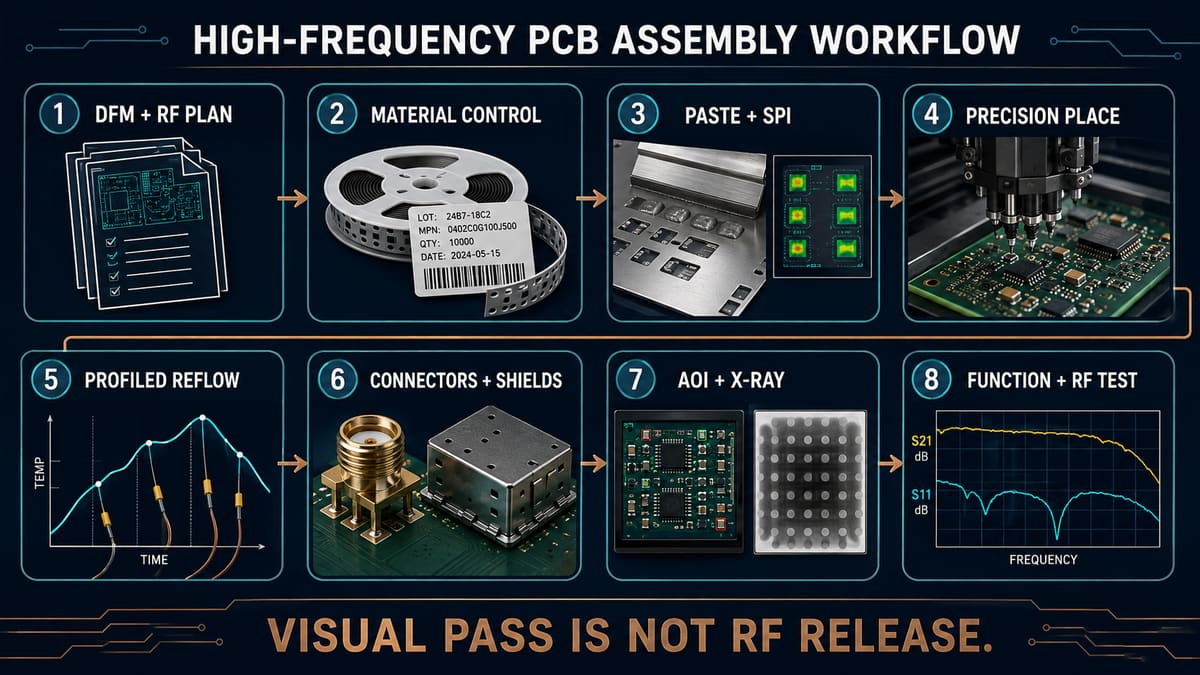 High frequency PCB assembly workflow from engineering review and material control through SMT reflow inspection and RF testing