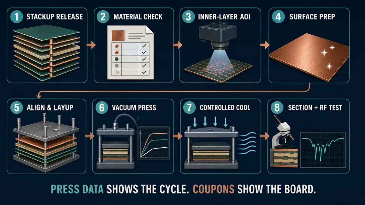 High frequency PCB lamination workflow from stackup release and material preparation through pressing and RF verification