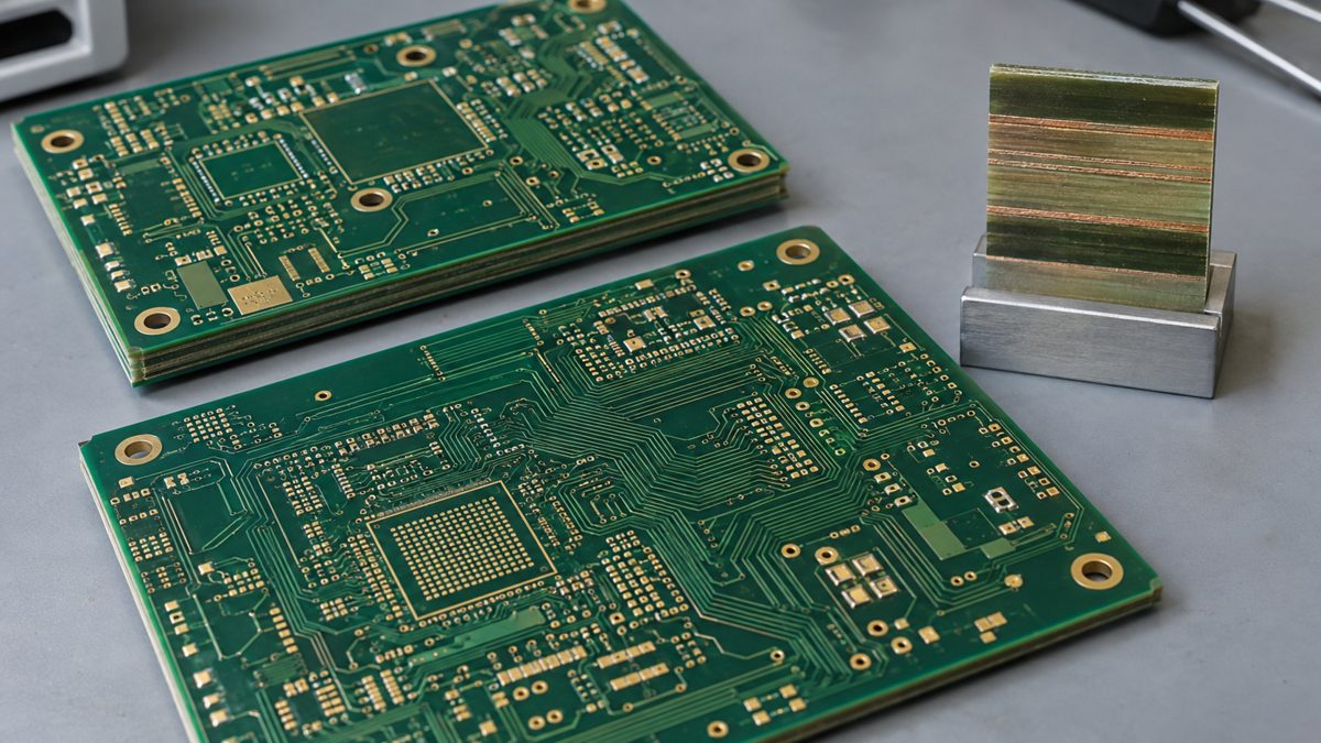 Bare multilayer circuit boards and a laminate cross-section sample on an electronics laboratory bench