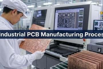 Engineer inspecting industrial PCB panels beside automated optical inspection equipment