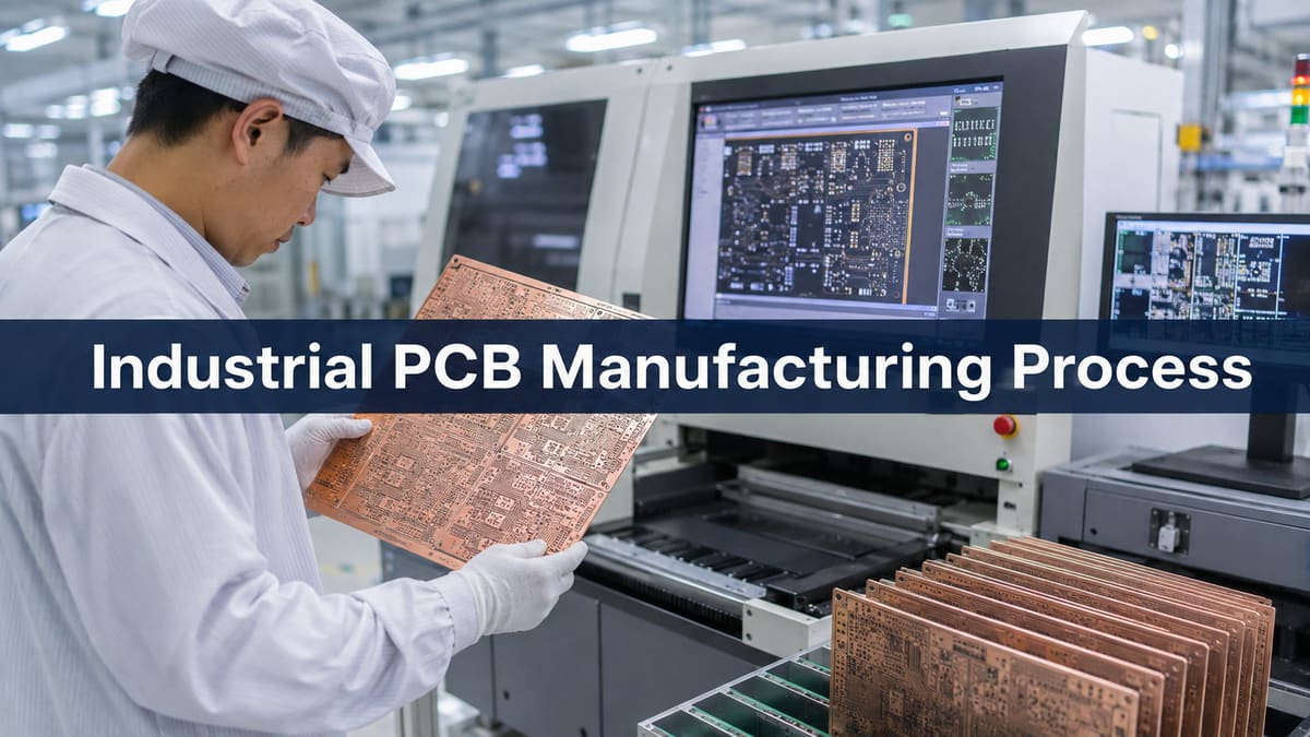Engineer inspecting industrial PCB panels beside automated optical inspection equipment