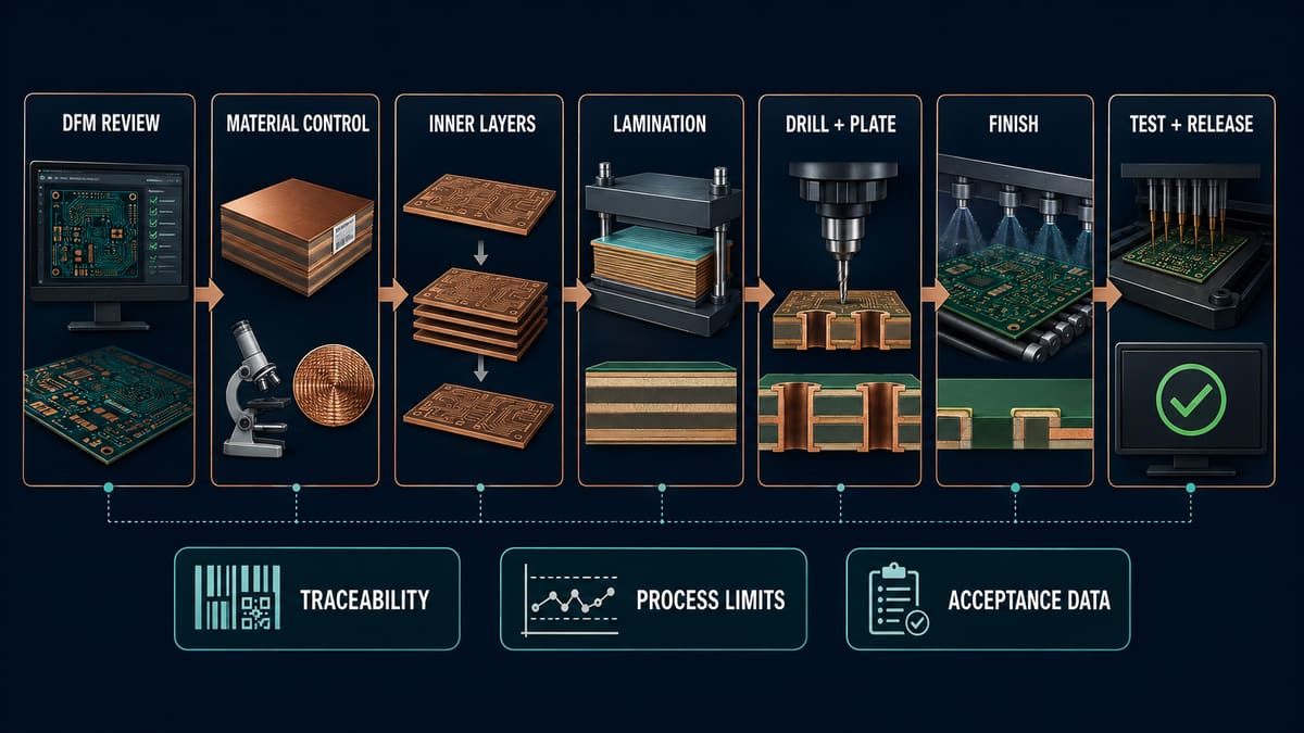 Industrial PCB fabrication flow from DFM and material control through testing and release