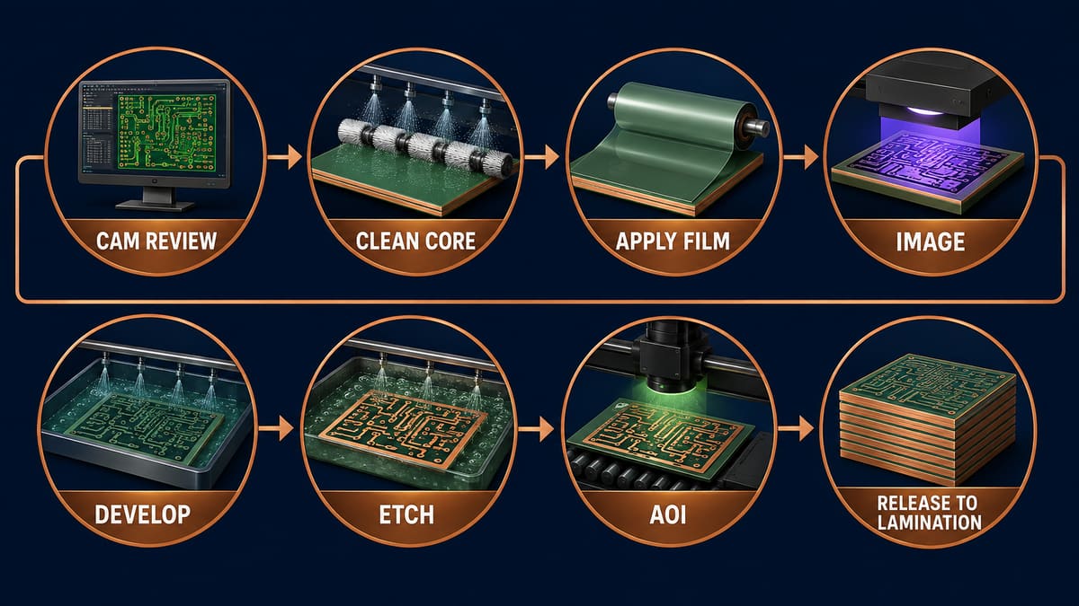 Inner layer PCB control flow from CAM review through AOI and lamination release
