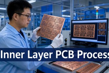 PCB engineer inspecting etched inner-layer cores before multilayer lamination