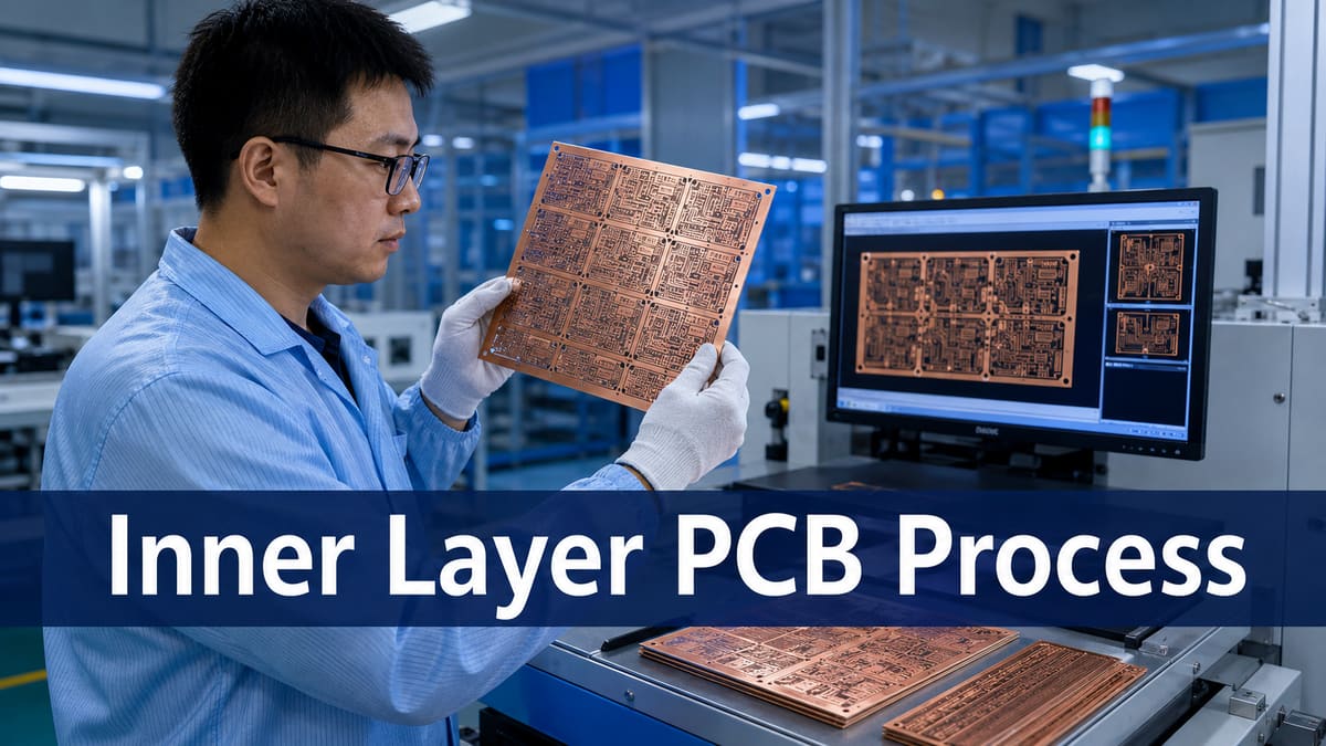 PCB engineer inspecting etched inner-layer cores before multilayer lamination