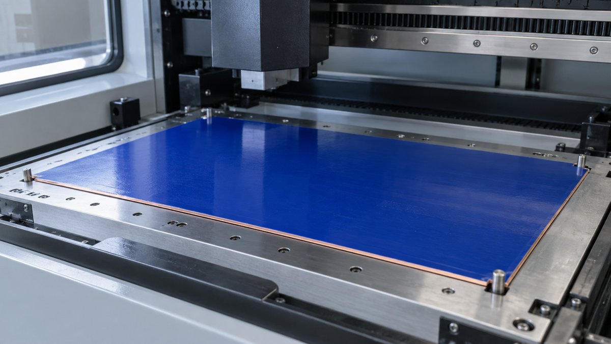 Copper-clad panel covered with blue photoresist on an imaging machine loading bed
