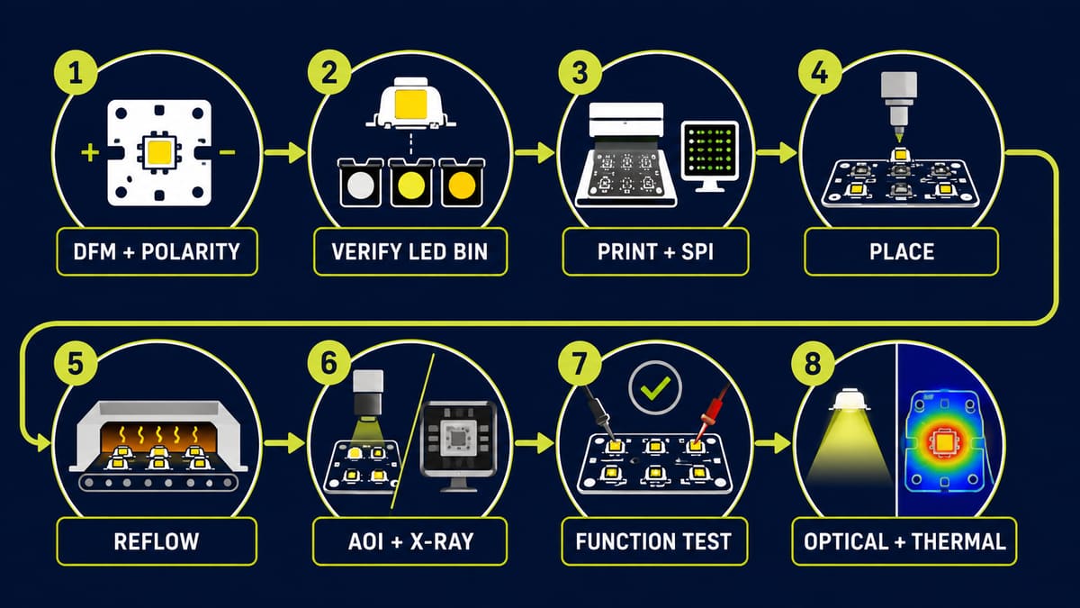 LED PCB assembly control flow from polarity review to optical thermal testing
