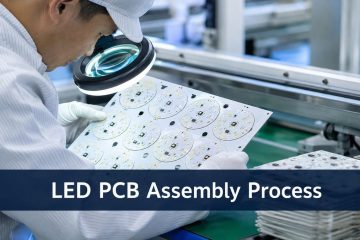 SMT engineer inspecting polarity-marked LEDs on a PCB assembly line
