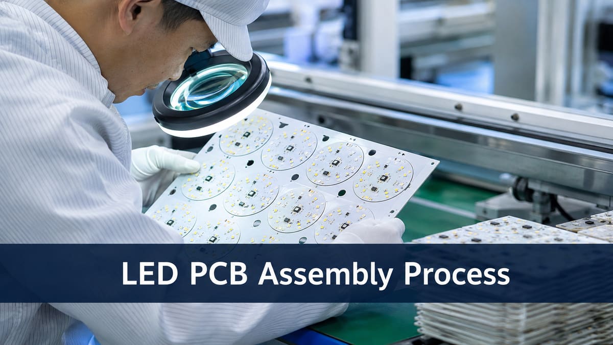 SMT engineer inspecting polarity-marked LEDs on a PCB assembly line