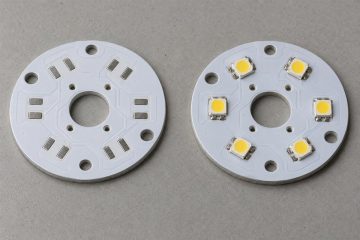 Bare white LED circuit board beside a populated LED module, AI illustration