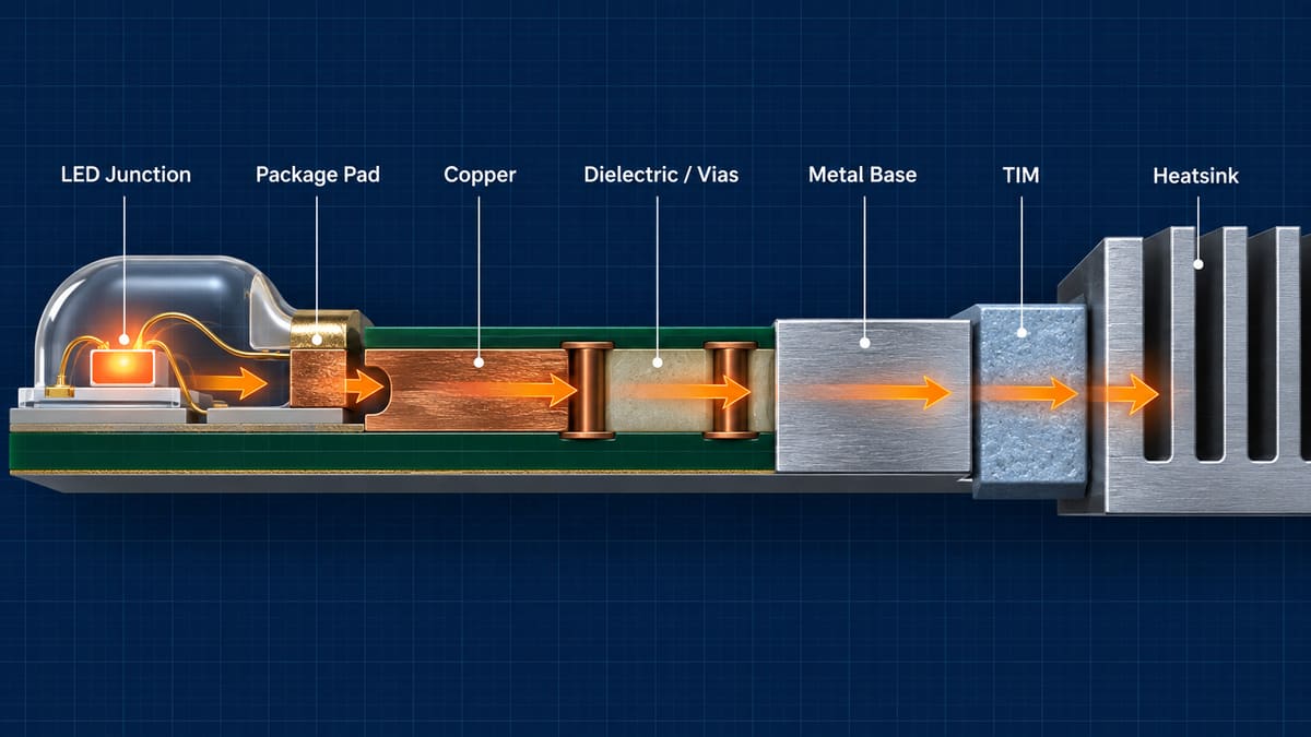 LED thermal path from junction through PCB to heatsink