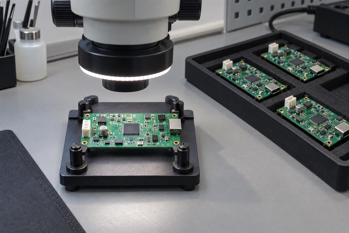 Circuit board beneath an inspection microscope beside a small batch, AI illustration