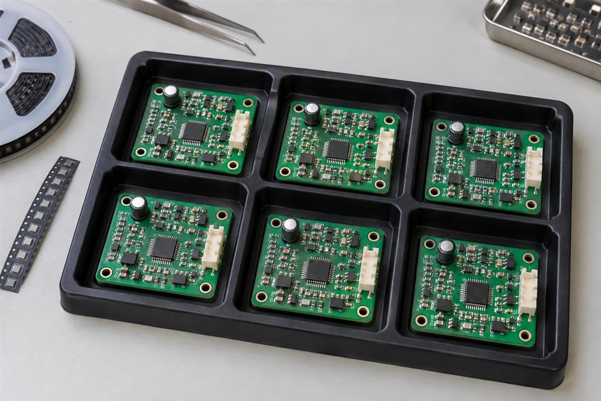 Small batch of assembled circuit boards in an ESD tray, AI illustration