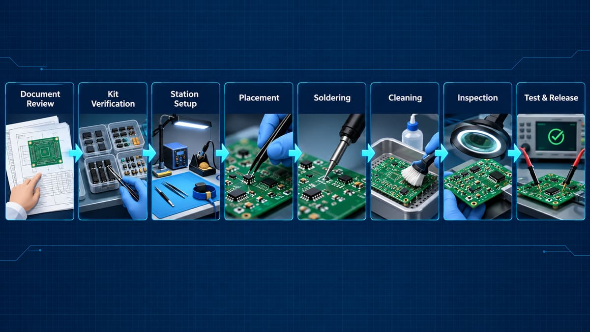 Manual PCB assembly process from document review to release