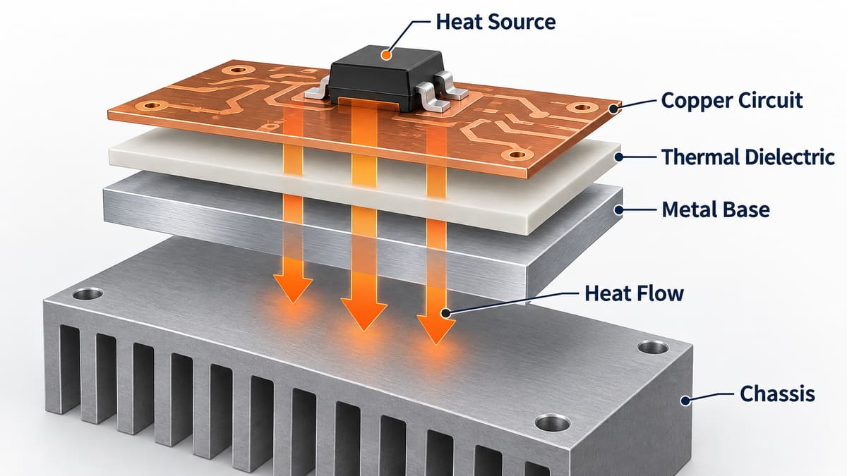Metal core PCB layer stack and heat flow from copper through dielectric to metal base