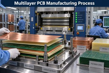 Multilayer PCB inner cores copper foil and prepreg aligned for lamination