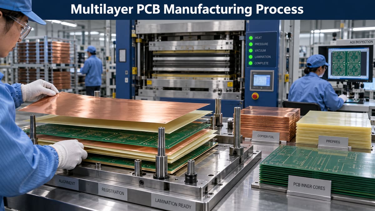 Multilayer PCB inner cores copper foil and prepreg aligned for lamination
