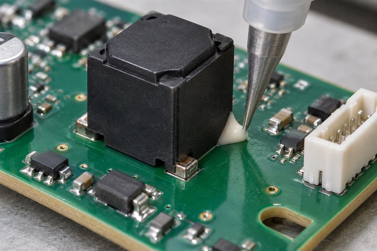 Dispensing a small adhesive fillet beside an electronic component on a PCB, AI illustration