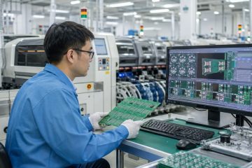 PCB assembly process engineer reviewing inspection data and a PCBA panel on an SMT line
