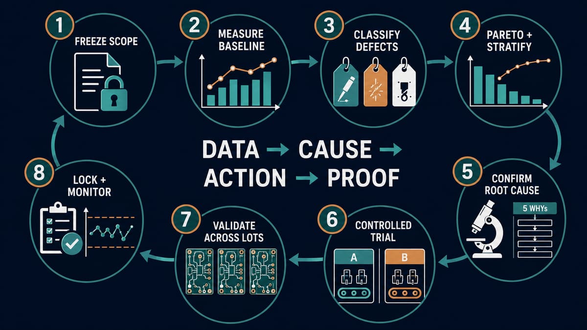 PCB assembly improvement loop from baseline and defect Pareto through root cause trial confirmation and process lock