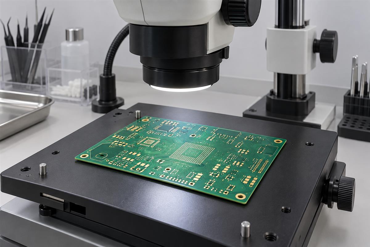 Bare circuit board on a microscope inspection station during a quality review