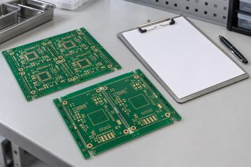 Bare PCB panels and a clipboard prepared for a manufacturing record review